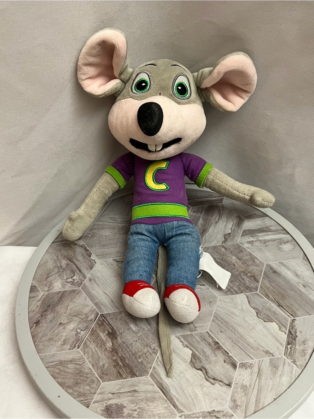 Chuck E. Cheese Plush Mouse Stuffed Animal Purple Shirt 10”
